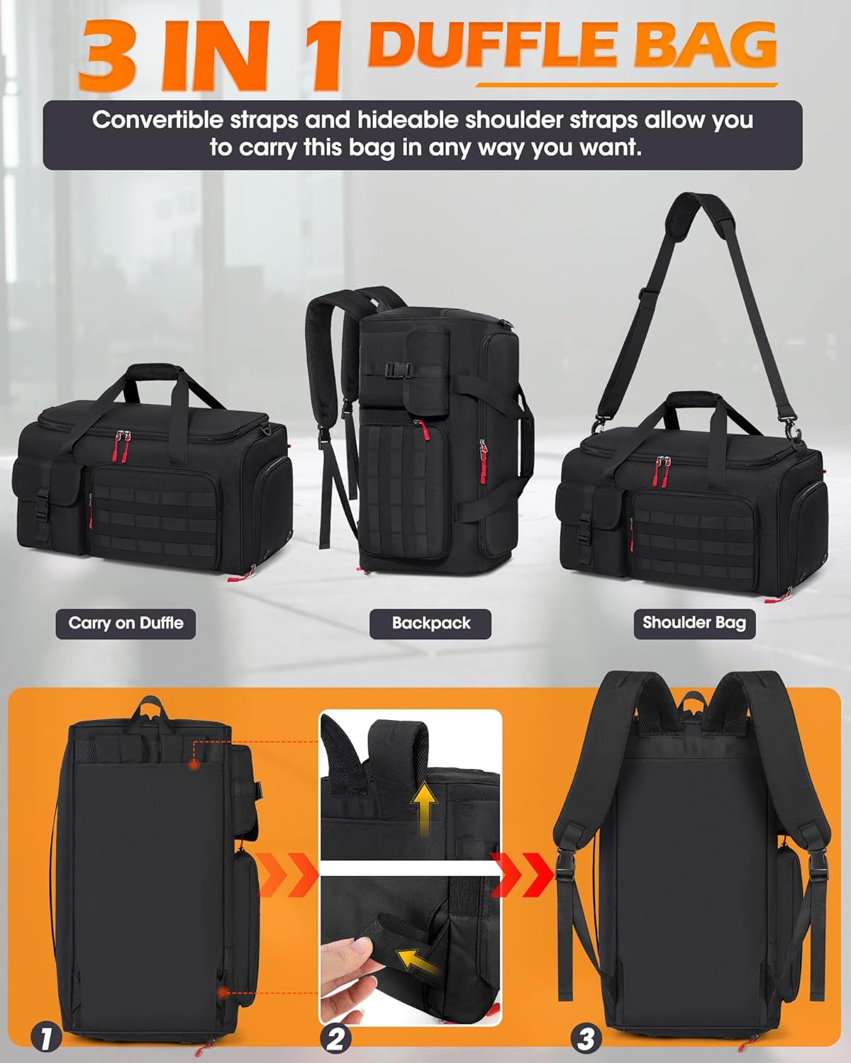 Gym Bag for Men, 45L Sports Travel Duffel Bag with Shoe & Laptop Compartment, Gym Workout Backpack Carry On Weekender Bag Overnight Backpack for Travel, Black