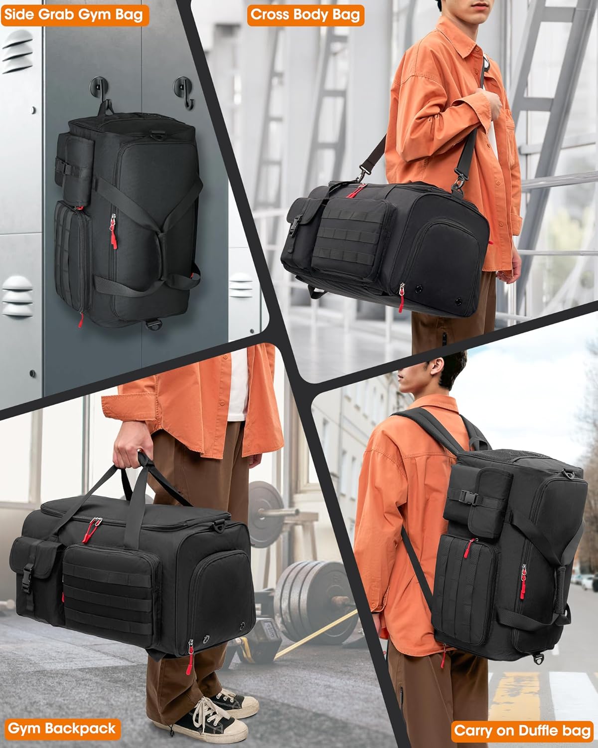 Gym Bag for Men, 45L Sports Travel Duffel Bag with Shoe & Laptop Compartment, Gym Workout Backpack Carry On Weekender Bag Overnight Backpack for Travel, Black