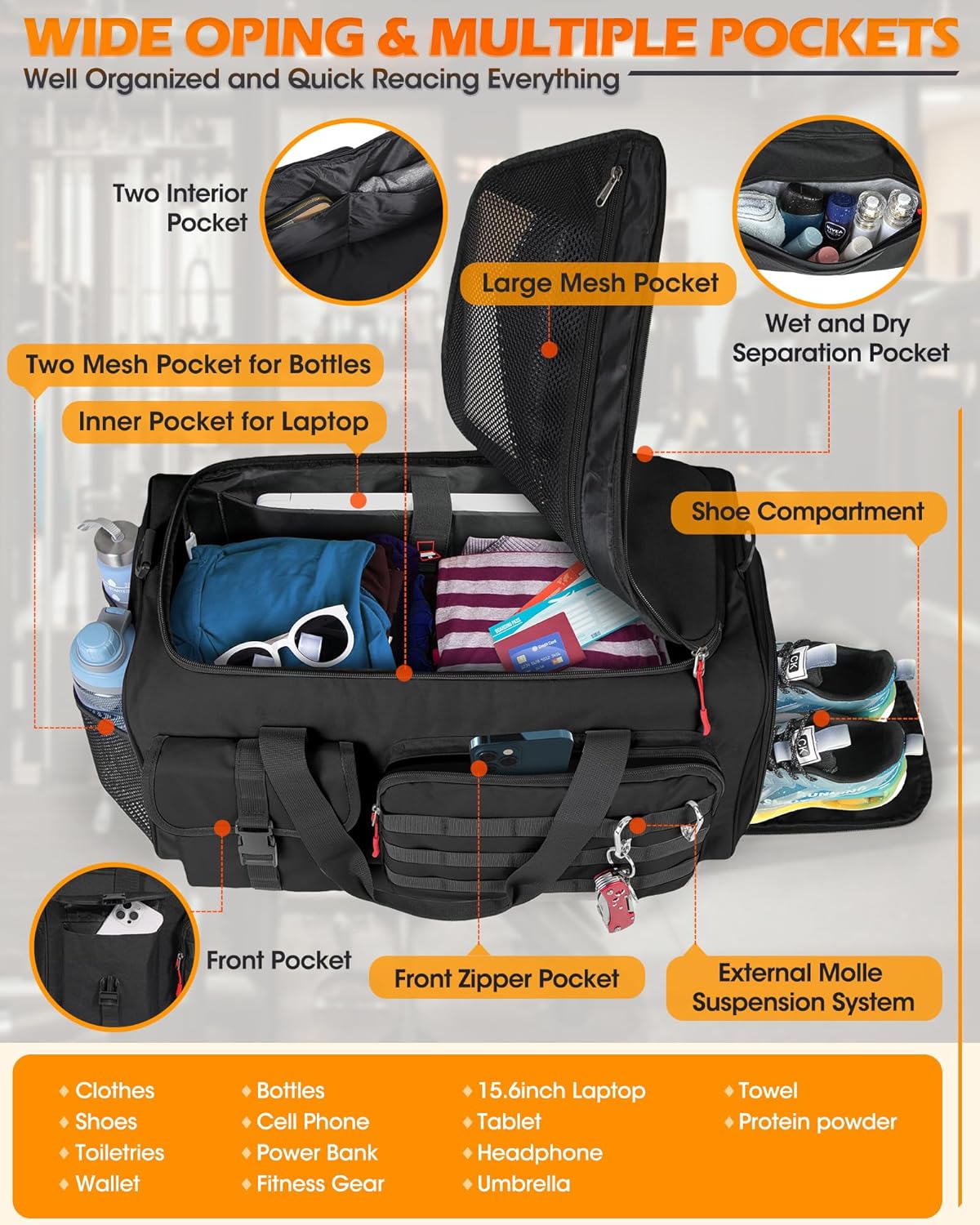 Gym Bag for Men, 45L Sports Travel Duffel Bag with Shoe & Laptop Compartment, Gym Workout Backpack Carry On Weekender Bag Overnight Backpack for Travel, Black