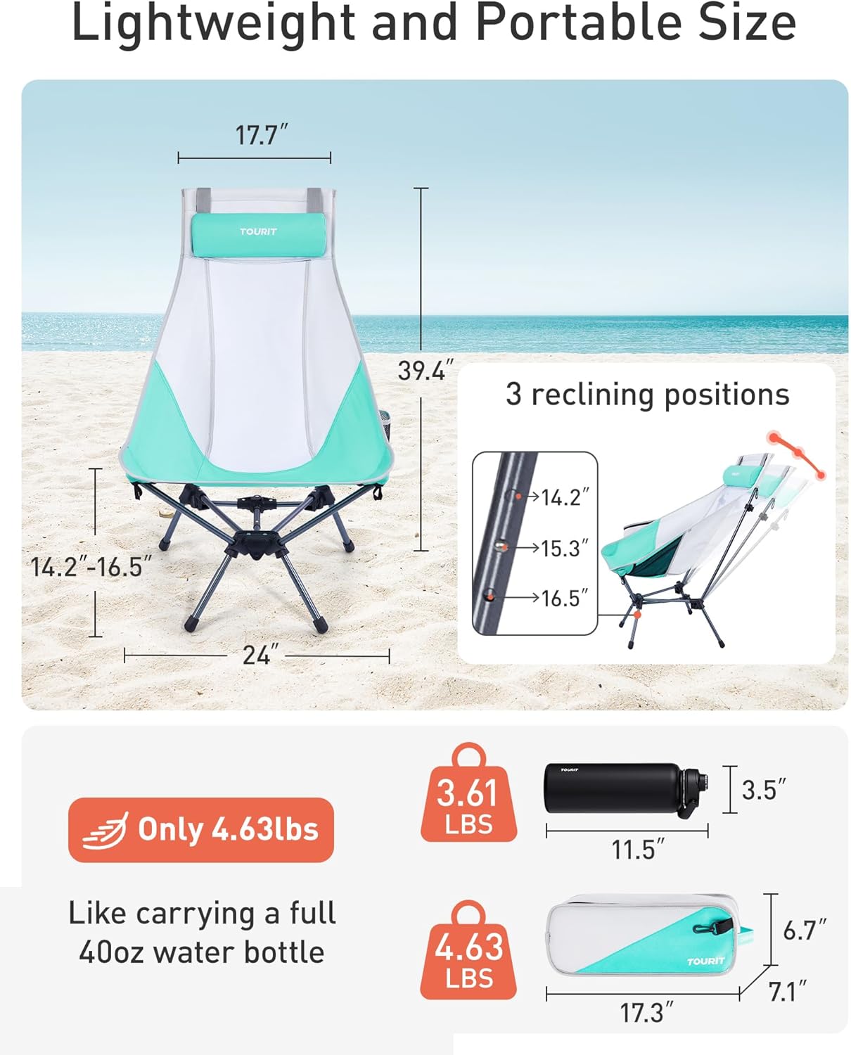 TOURIT Portable Folding Camping Backpack Chair with Head Support, High Back Stable Compact Outdoor Chair for Beach Picnic Travel Hiking, Supports 380 Lbs, Green